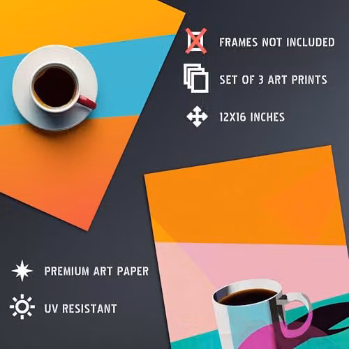 Artery8 Set of 3 Multicolour Geometric Graphic Coffee Cup Abstract Wall Art Paper Posters, W/H: 30.0 x 30.0 cm – 4