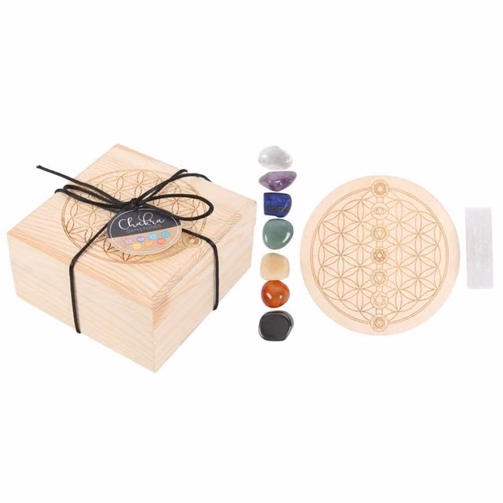 Uniqueful Chakra Crystal Grid Gift Set with Round Geometric Wooden Tabletop – 3