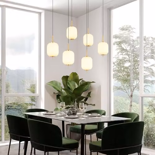 Globo Lighting Height-Adjustable LED Pendant Lamp with 6 Opal Glass Bulbs in Brass and Black, W/D/H: 80.5 x 80.5 x 220 cm – 5