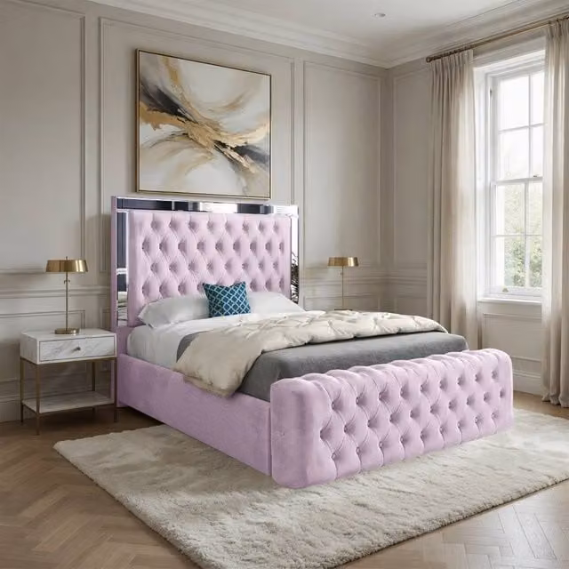 Casani Loweswater Mirror Upholstered Designer Bed Frame in Pink Velvet, W/D/H: 140 x 200 x 137 cm