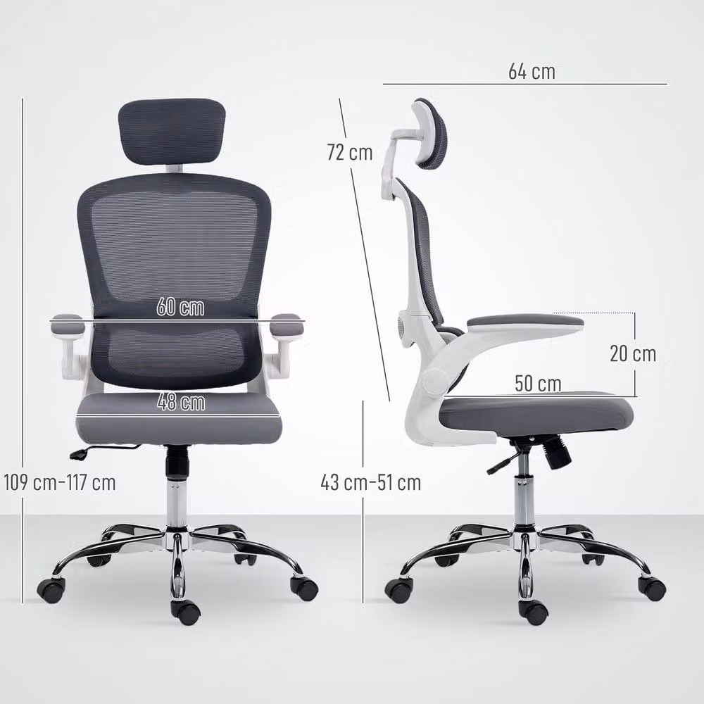 HOMCOM High Back Mesh Task Chair with Headrest and Armrests in Grey – 3