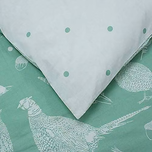 Creative Cloth Moorland Birds Reversible Polycotton Duvet Set, Green and White, W: 140 cm, L: 200 cm – 4