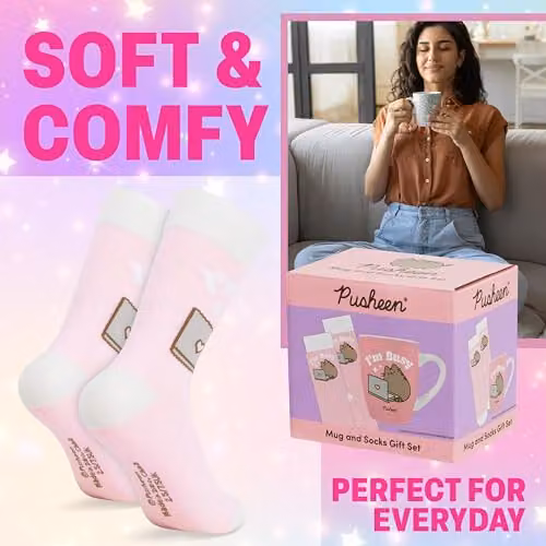 Get Trend Pusheen Pink Ceramic Mug and Calf Socks Set, 315ml – 2