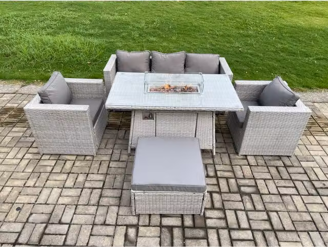 Fimous Outdoor PE Rattan Garden Furniture Gas Fire Pit Set in Light Grey Mixed