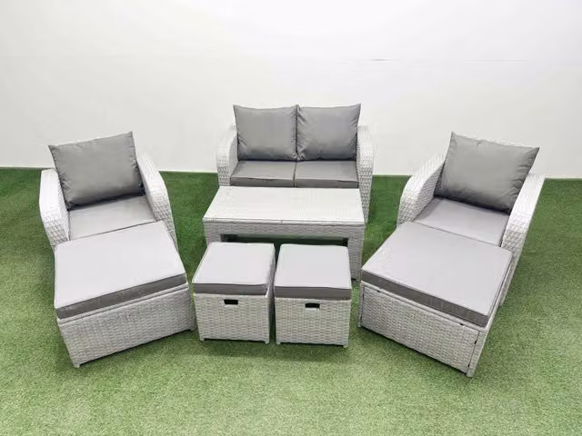 Fimous PE Wicker Rattan Garden Furniture Set with Oblong Coffee Table and Love Sofa in Light Grey