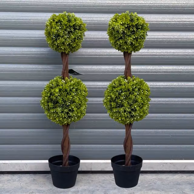 Pair of Green Double Ball Topiary Trees with Black and Wood Accents