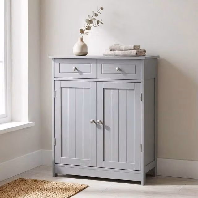 STILVORA Grey Bathroom Storage Cabinet with 2 Drawers and Cupboard