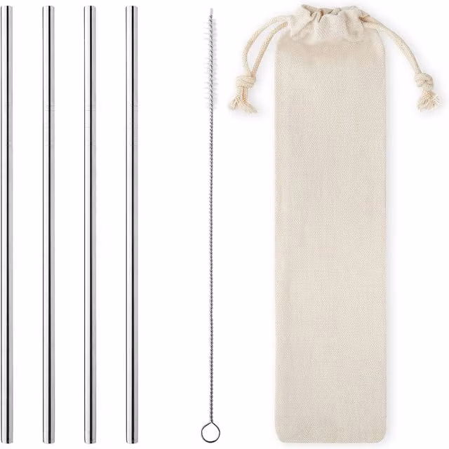 UltraByEasyPeasyStore Reusable Stainless Steel Straight Metal Straws Set in Silver with Travel Pouch and Cleaning Brushes, 12 Pack