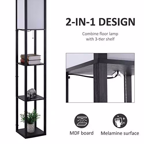 HOMCOM 3-Tier Floor Lamp with Storage Shelves, Black – 3