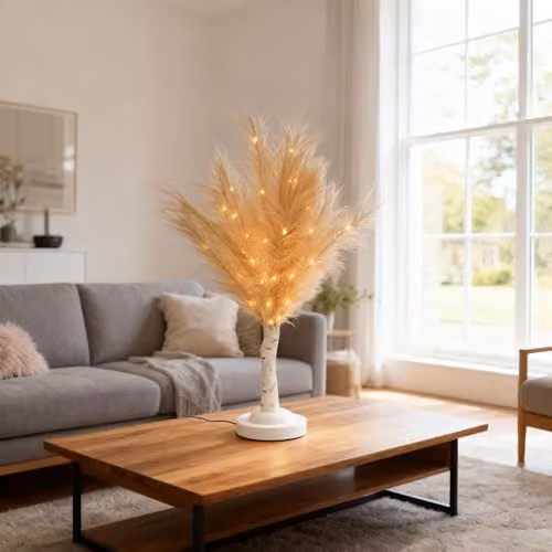 Shatchi 2-Piece Champagne Feather Tree Table Lamp with Warm White LEDs, Beige, Height: 70 cm – 5