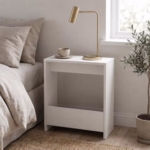 Shefa Focus 55 Narrow Side Table and Slim Bedside Table in White with 2-Tier Storage Shelf, W/D/H: 55 x 20 x 60 cm