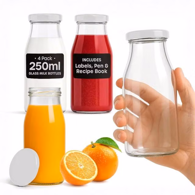 Volila 4 Pack Reusable Glass Milk Bottles with Lids, Labels and Pen, 250 ml, White – 1