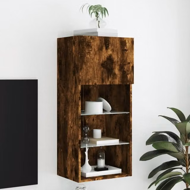 Berkfield Home Modern TV Cabinet with LED Lights in Smoked Oak Brown, W/D/H: 40.5 x 30 x 90 cm – 1
