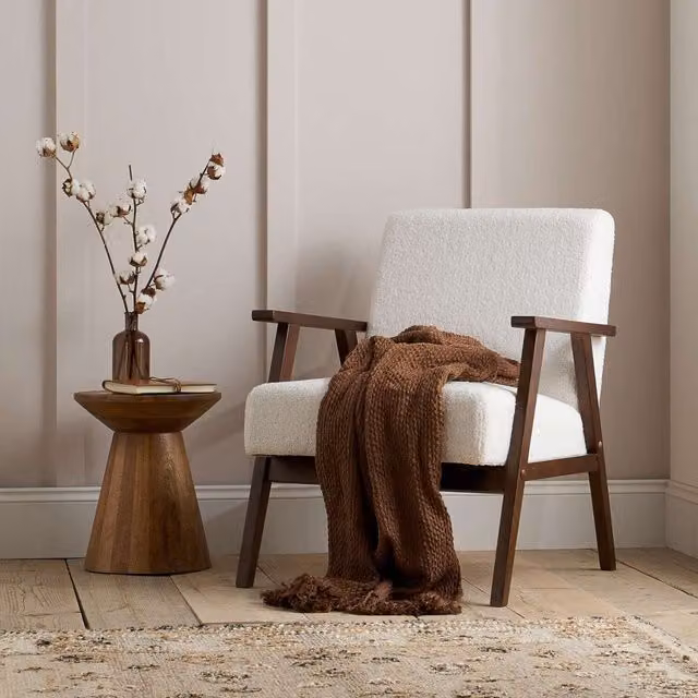 Birlea Ellwood White Bouclé Fabric Tub Accent Armchair with Solid Wood Frame
