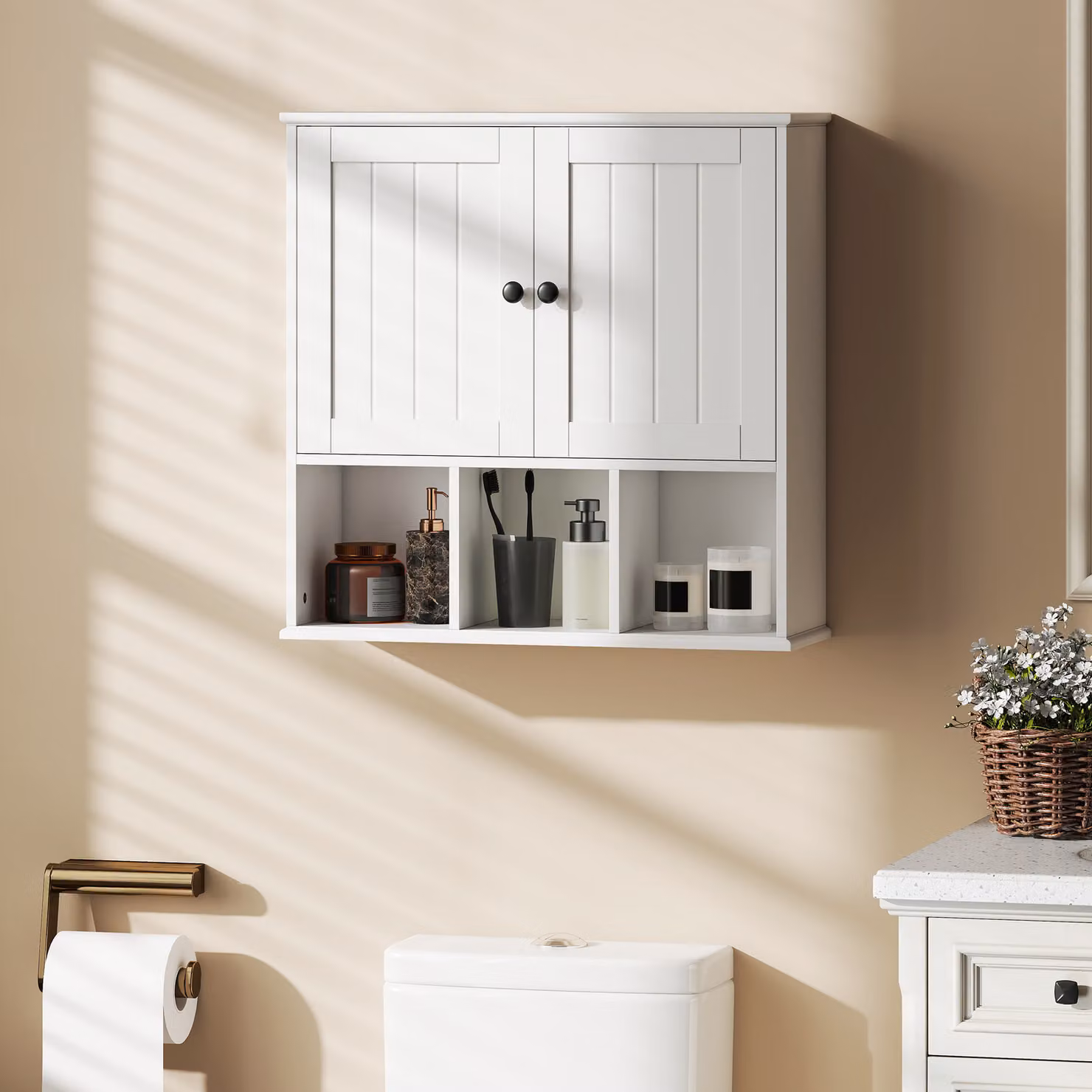 HOMCOM Farmhouse White Wall Mounted Bathroom Cabinet with Hinged Doors and Open Compartments – 2