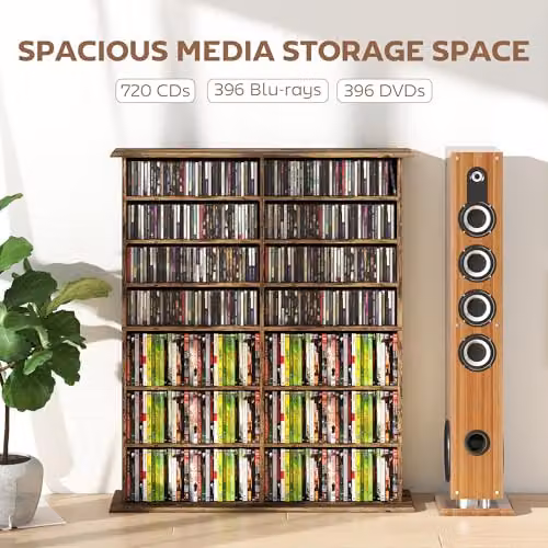 HOMCOM Rustic Brown Media Storage Unit with 12 Adjustable Shelves and Media Compartments for Living Room, Bedroom or Home Office, H 126.3 x W 106.5 x D 24.0 cm – 4