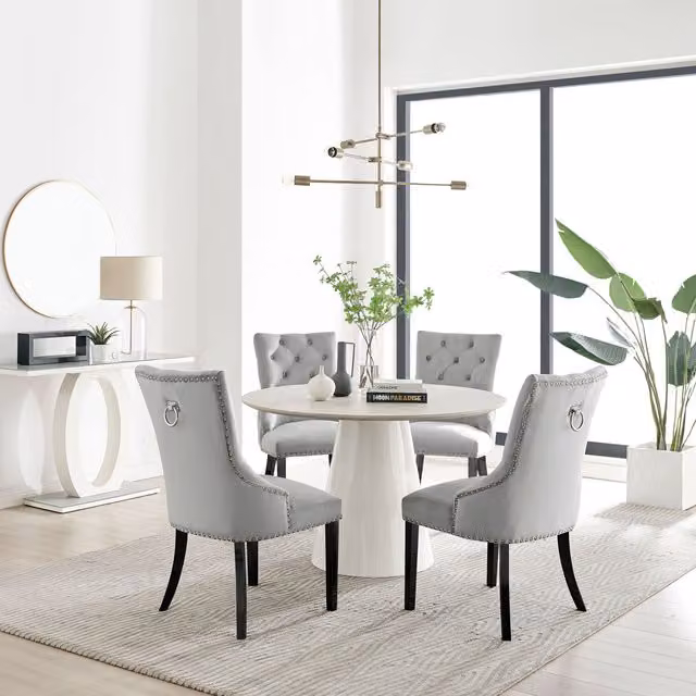 FurnitureboxUK Palma Beige Stone Effect Round Dining Table and 4 Belgravia Black Leg Chairs in Grey