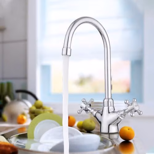 JASSFERRY Brass Kitchen Mixer Tap with Two Handles, Swivel Spout and Chrome Finish – 2