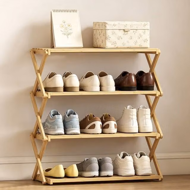 ERGOVEXA Natural Bamboo 4-Tier Folding Shoe Rack in Brown