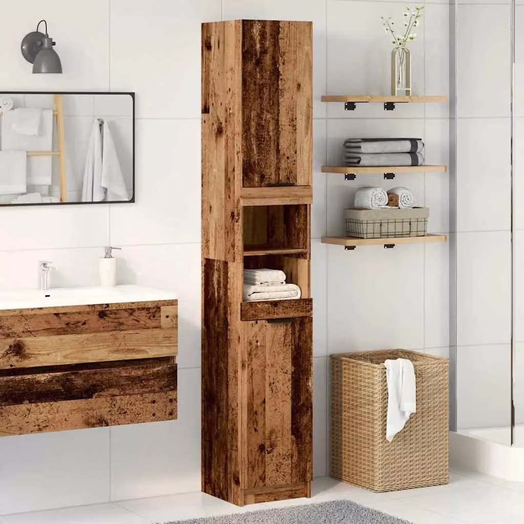 Berkfield Home Rustic Brown Wall Mounted Bathroom Cabinet with Hinged Doors and Open Shelf, W/D/H: 32 x 34 x 188.5 cm – 3