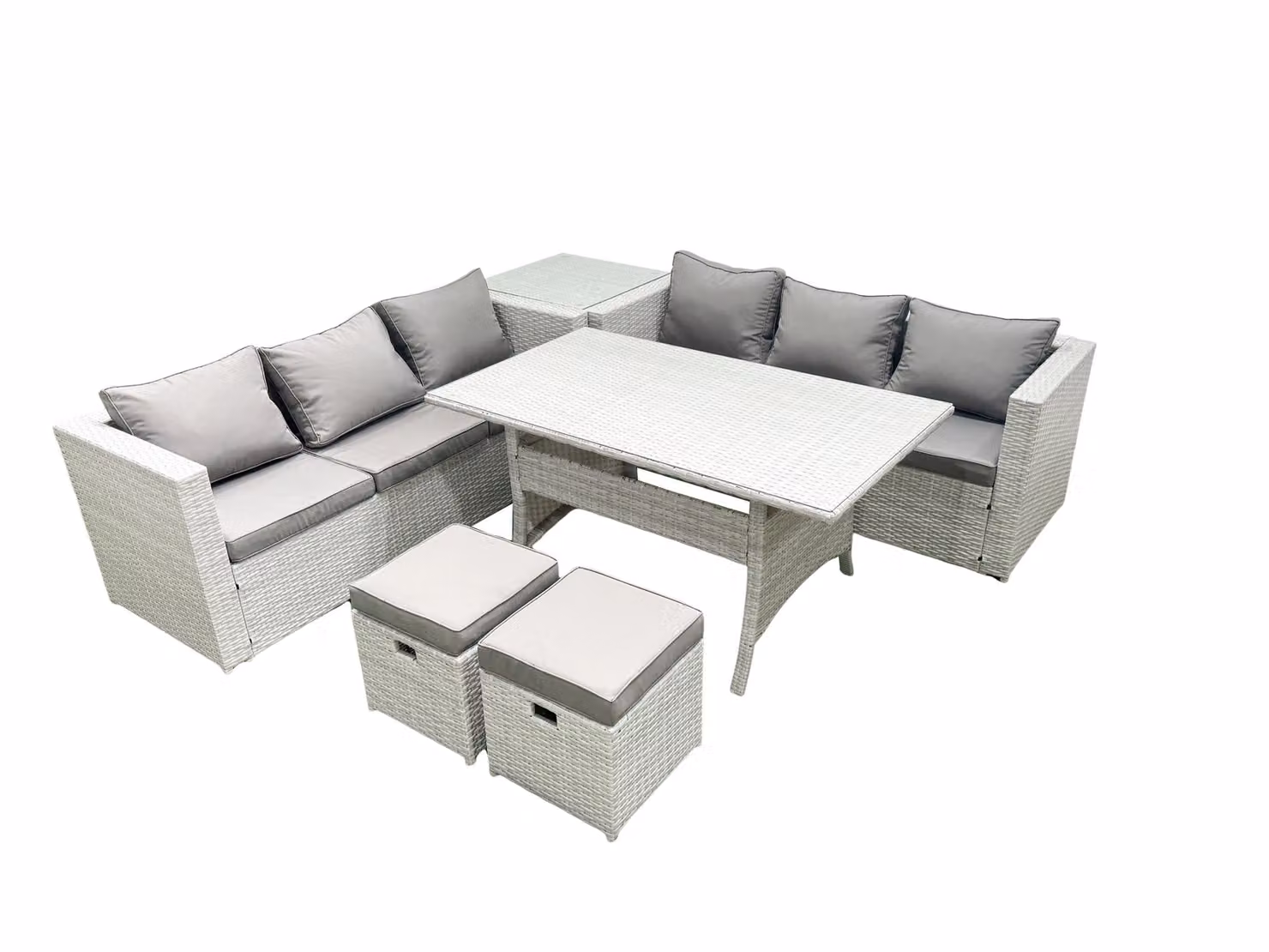 Fimous 8 Seater Rattan Garden Furniture Set with Dining Table, Side Table and 2 Footstools in Light Grey – 2