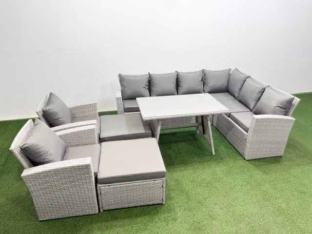 Fimous 10 Seater Rattan Garden Furniture Set with Dining Table and 2 Armchairs in Light Grey