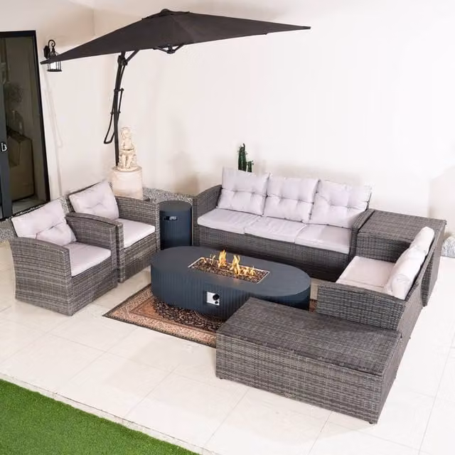 Direct Wicker 7-Seater Grey L-Shape Corner Sofa Set with Gas Fire Pit Table and Cushion Storage Box – 1