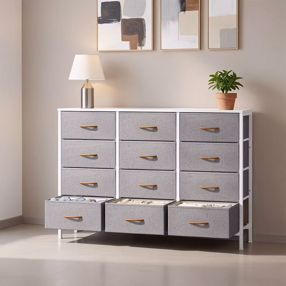 Ventryn Grey 12 Drawer Fabric and Metal Tall Dresser for Bedroom Storage – 2