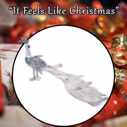 VFM e-Store Silver and White Velvet Peacock Christmas Decoration, W/H: 20 x 17 cm – 6
