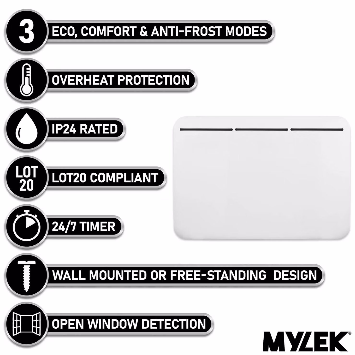MYLEK 1500W Electric Panel Convector Heater with 24/7 Timer and Thermostat, White – 2