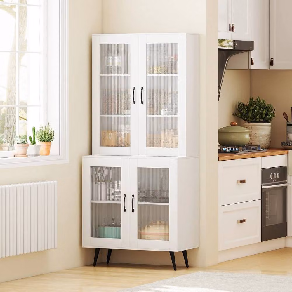Kelvenix Modern White Kitchen Pantry Cabinet with Glass Doors and Internal Shelves, Height: 178 cm – 2