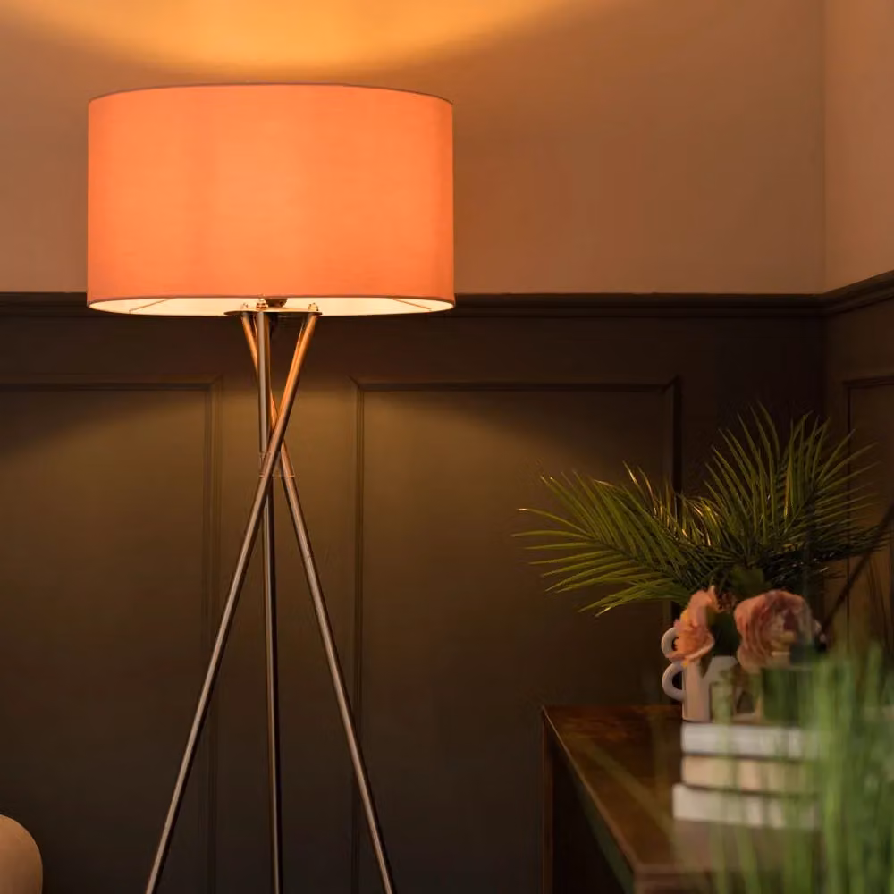 ValueLights Camden Polished Chrome Tripod Floor Lamp with Dusty Pink Fabric Drum Shade and Bulb – 2