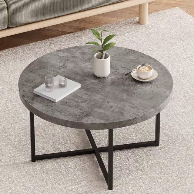 VonHaus Round Industrial Living Room Coffee Table in Grey and Black, W/D/H: 80 x 80 x 45 cm