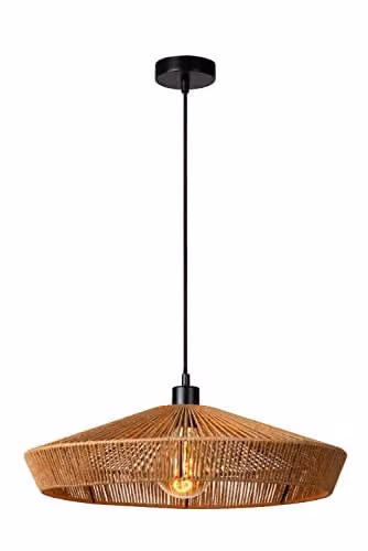 Lucide Yunkai Dimmable Adjustable Height Pendant Light in Brown Rattan and Paper, Diameter: 50 cm