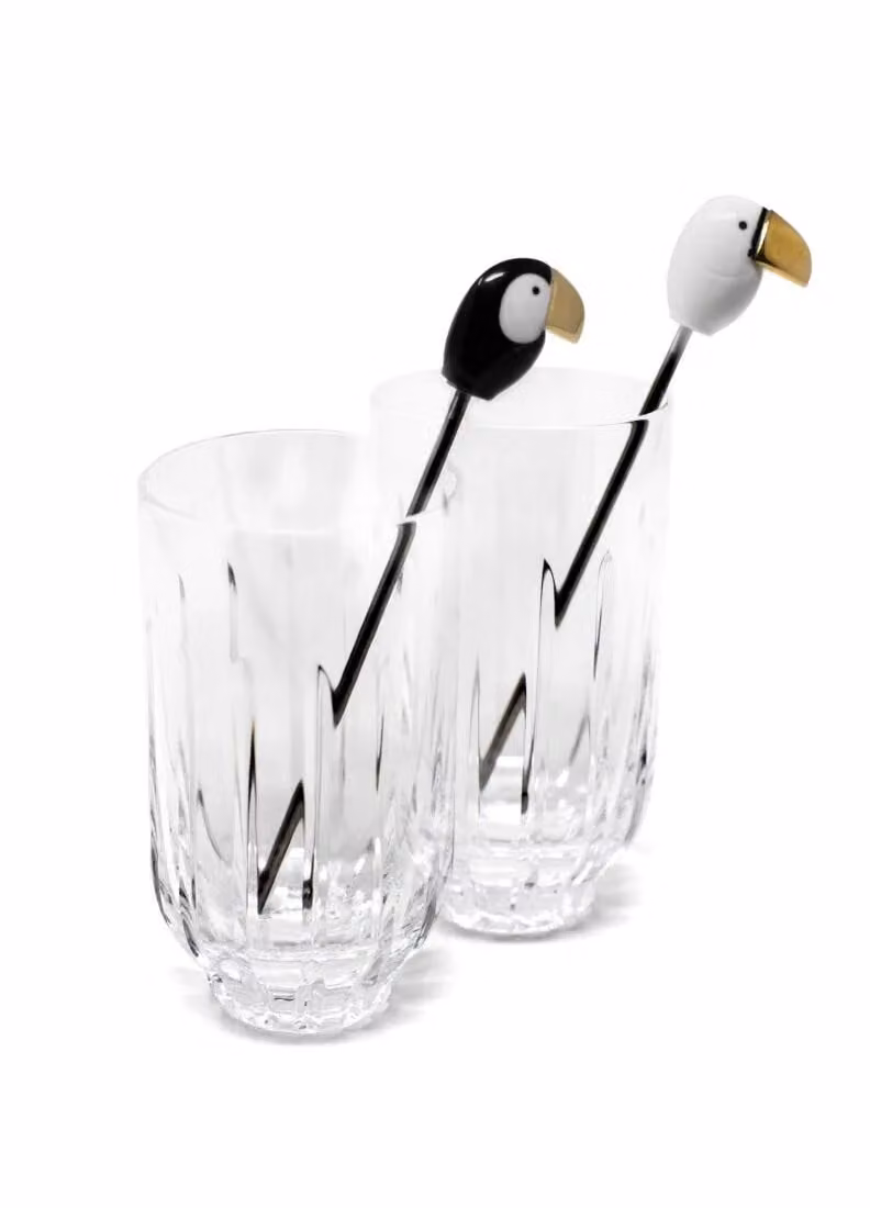 Lladró Toucan Set with 2 Tall Crystal Glasses and 2 Stirrers in Gold and Transparent