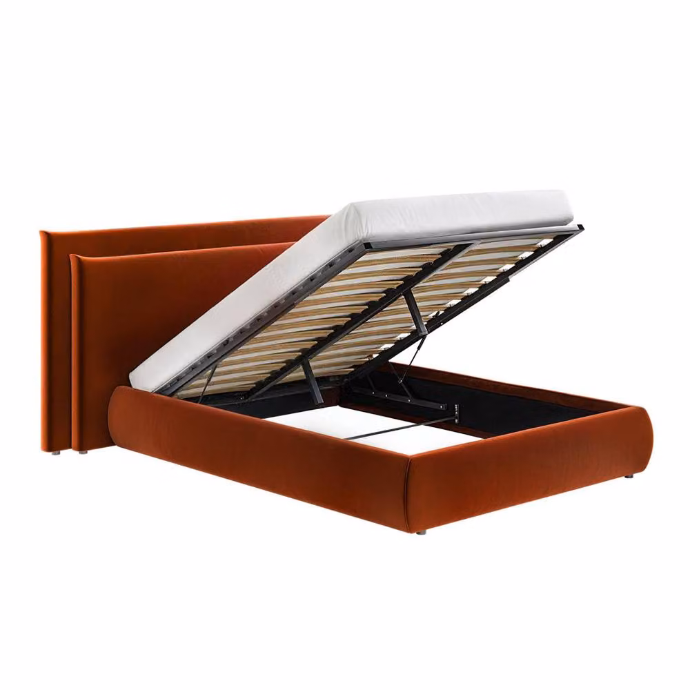 Solace+Co Sigrid Double Ottoman Bed with Cushion Headboard in Burnt Orange Velvet, W/D/H: 140 x 200 cm – 3