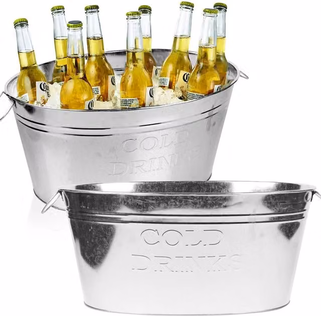 EONLION Set of 2 Large Galvanised Steel Ice Cooler Buckets in Silver