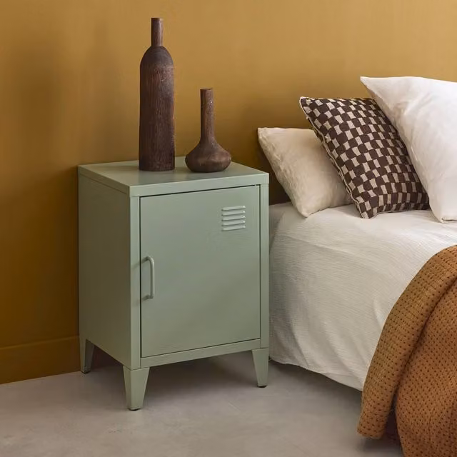 sweeek Metal Bedside Table with 1 Door in Light Green, W/D/H: 38 x 38 x 55.7 cm