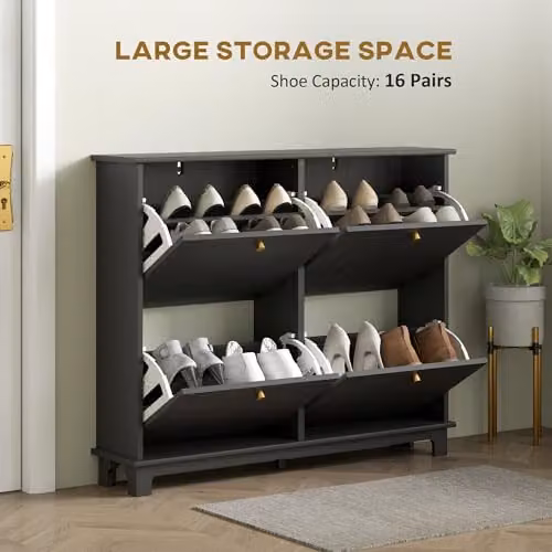 HOMCOM Modern Narrow Shoe Storage Cabinet with Tilting Compartments and Internal Shelves, Black and Gold – 4