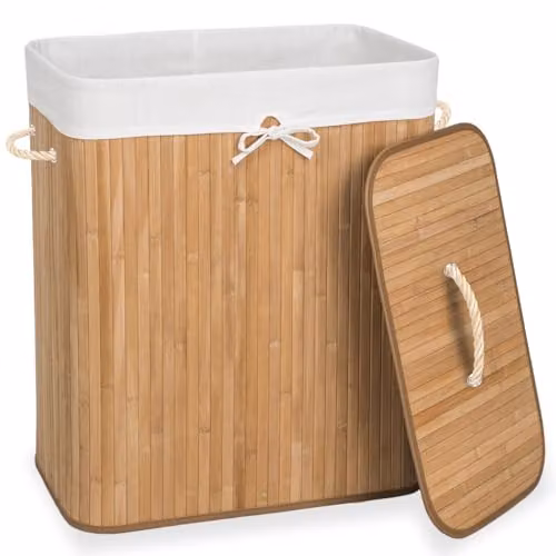 tectake 100L Bamboo Laundry Basket with Lid and Removable Washable Bag, Beige – 1