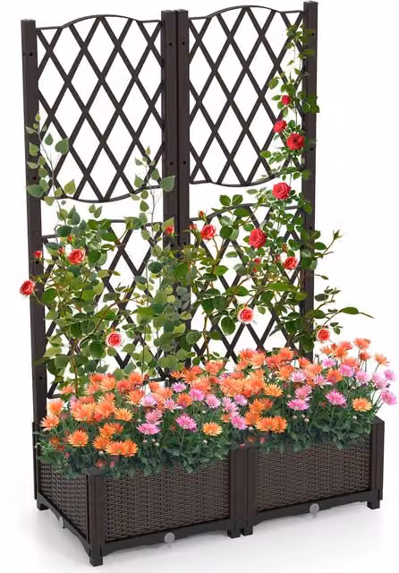 Costway Double Box Raised Garden Bed Planter with Trellis and Drainage Holes, Brown, W: 122 cm, D: 80 cm, H: 40 cm – 1