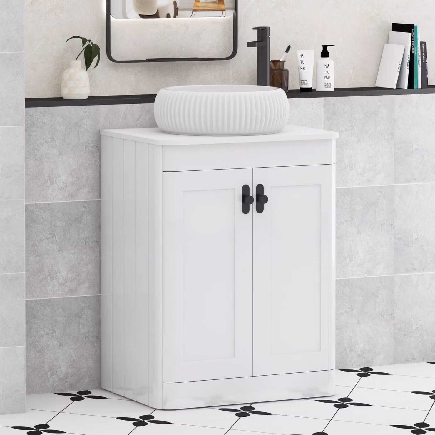 Royal Bathrooms Henley 600mm Gloss White Floor Standing 2 Door Vanity Unit with Milan Basin and Matt Black Knob