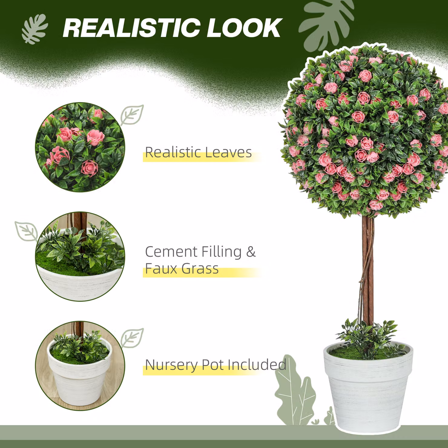 HOMCOM Set of 2 Pink Artificial Rose Ball Topiary Trees for Indoor and Outdoor Decor, Height: 60 cm – 4