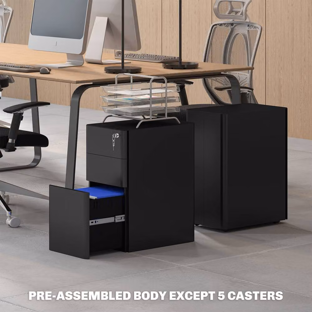 STILVORA 3 Drawer Metal Filing Cabinet with Lock and Castors in Matt Black – 7
