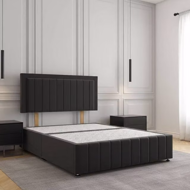 Regional Furnishings Black Velvet Upholstered King Size Divan Bed Base with 24 Inch Headboard and Footboard, W/D/H: 180 x 200 cm