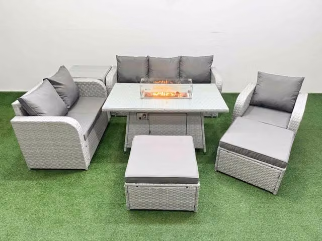 Fimous Patio 8 Seater Grey PE Wicker Rattan Outdoor Furniture Set with U-Shape Sofa, Ottoman, Coffee Table and Upholstered Cushions