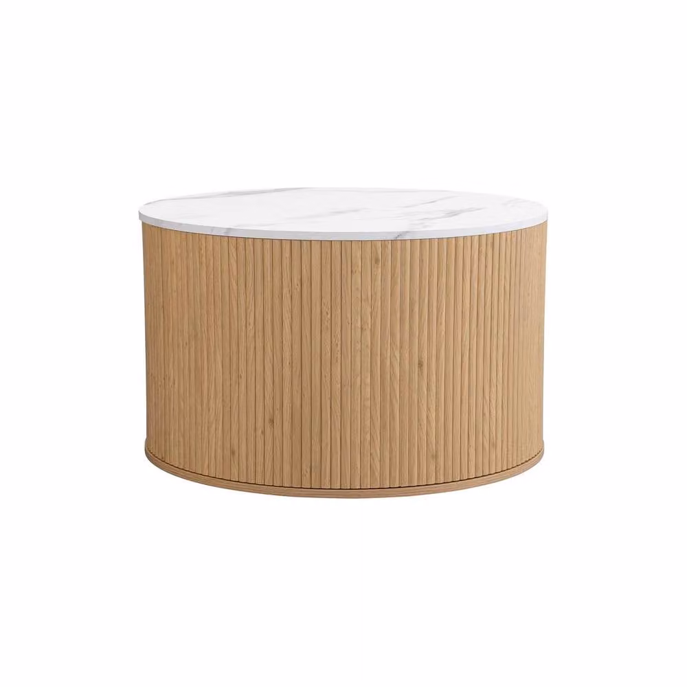 Birlea Kagu Round Coffee Table with Fluted Ribbed Light Oak and Marble Effect Finish – 6