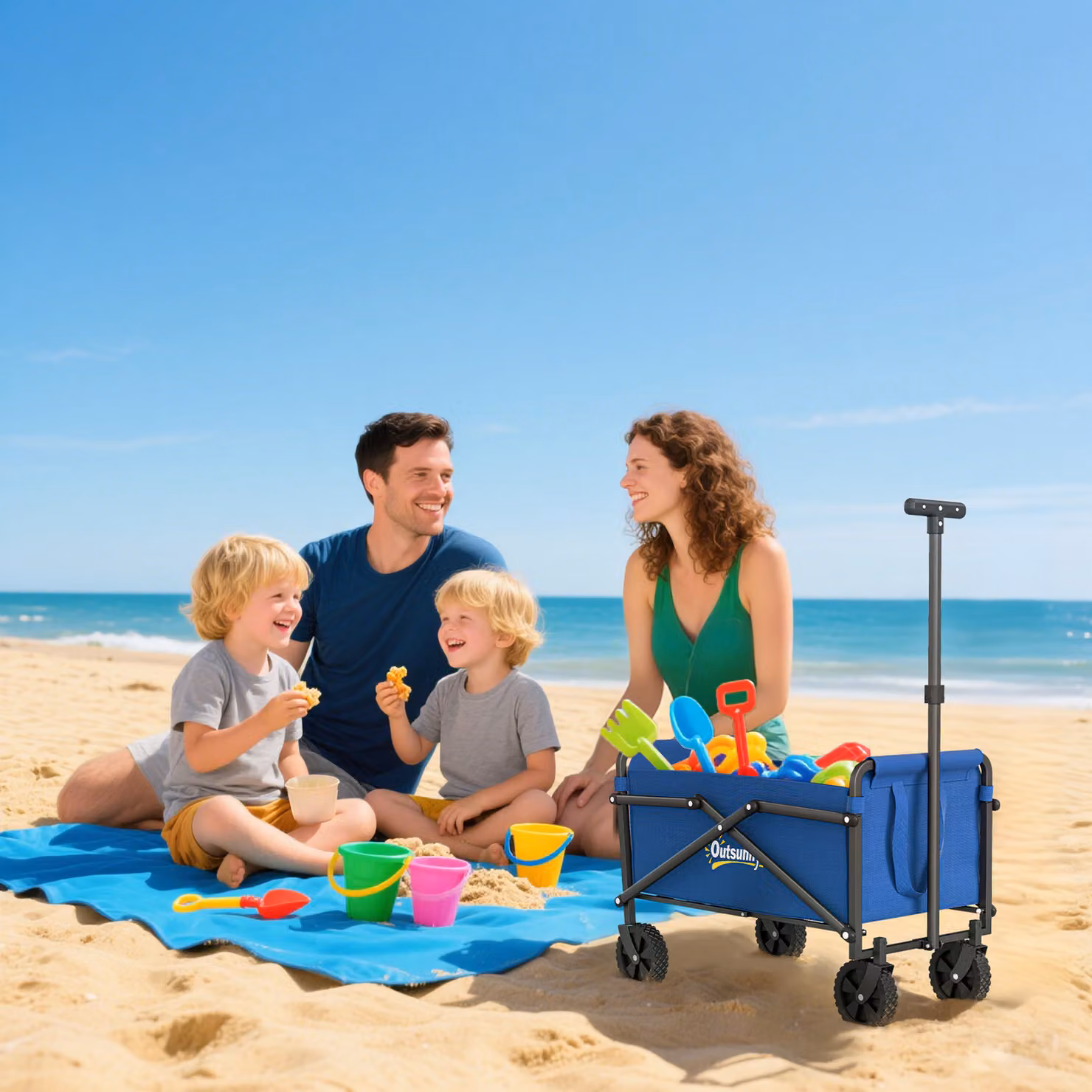 Outsunny 41L Blue Festival Trolley with Wheels, Heavy Duty 60kg Capacity Collapsible Folding Garden Wagon and Carrying Bag – 8
