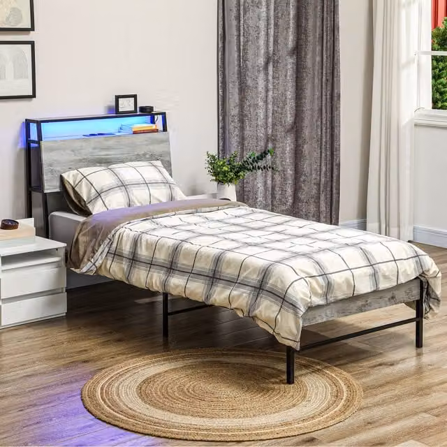 HOMCOM Single Bed Frame with LED Under-Bed Lighting and USB Charging Ports in Cement Grey, W: 140 cm, D: 200 cm