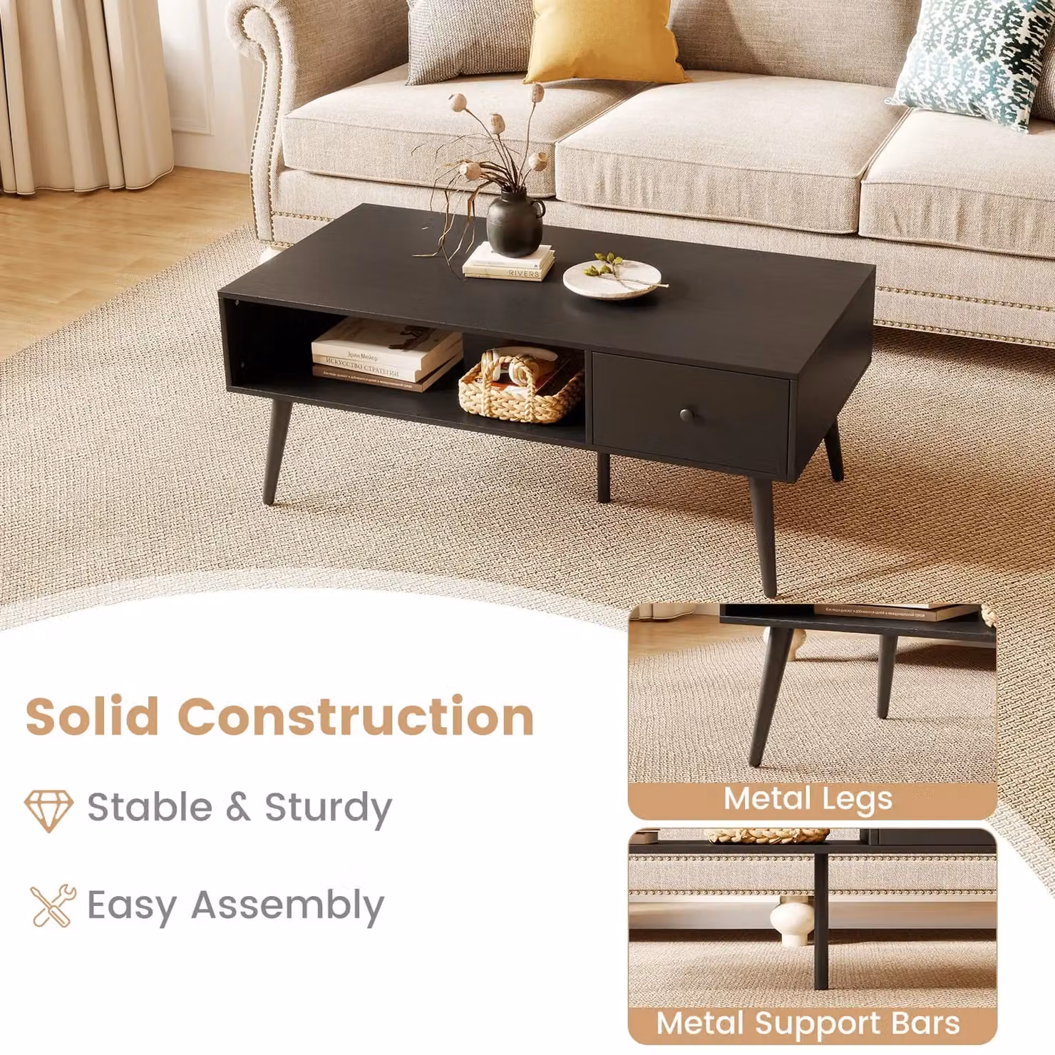 Costway Black Industrial Wooden and Metal Rectangular TV Stand Entertainment Centre with Open Shelf – 3